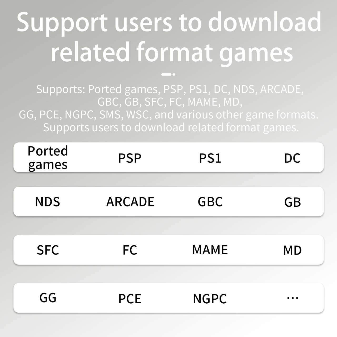 Support users to download related format games

Supports: Ported games, PSP, PS1, DC, NDS, ARCADE, GBC, GB, SFC, FC, MAME, MD, GG, PCE, NGPC, SMS, WSC, and various other game formats.

Supports users to download related format games.

- Ported games
- PSP
- PS1
- DC
- GBC
- GB
- NDS
- ARCADE
- SFC
- FC
- MAME
- MD
- GG
- PCE
- NGPC
- ...
