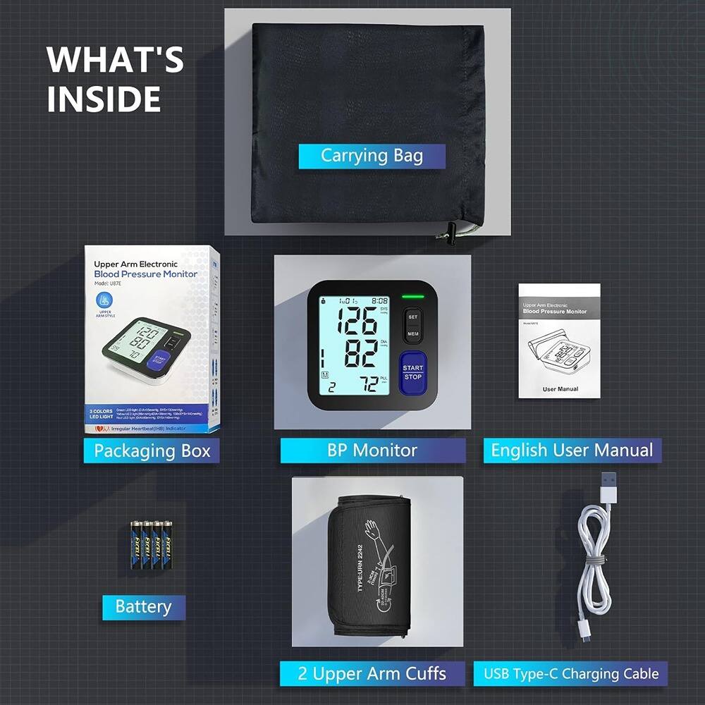 **WHAT'S INSIDE**

- Carrying Bag
- Packaging Box
- BP Monitor
- English User Manual
- Battery
- 2 Upper Arm Cuffs
- USB Type-C Charging Cable