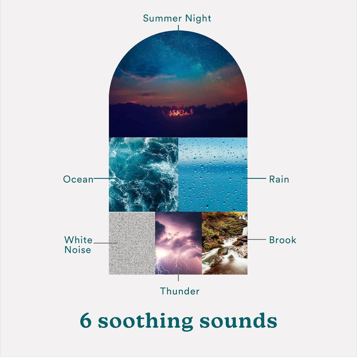 Summer Night  
Ocean  
Rain  
White Noise  
Thunder  
Brook  

6 soothing sounds