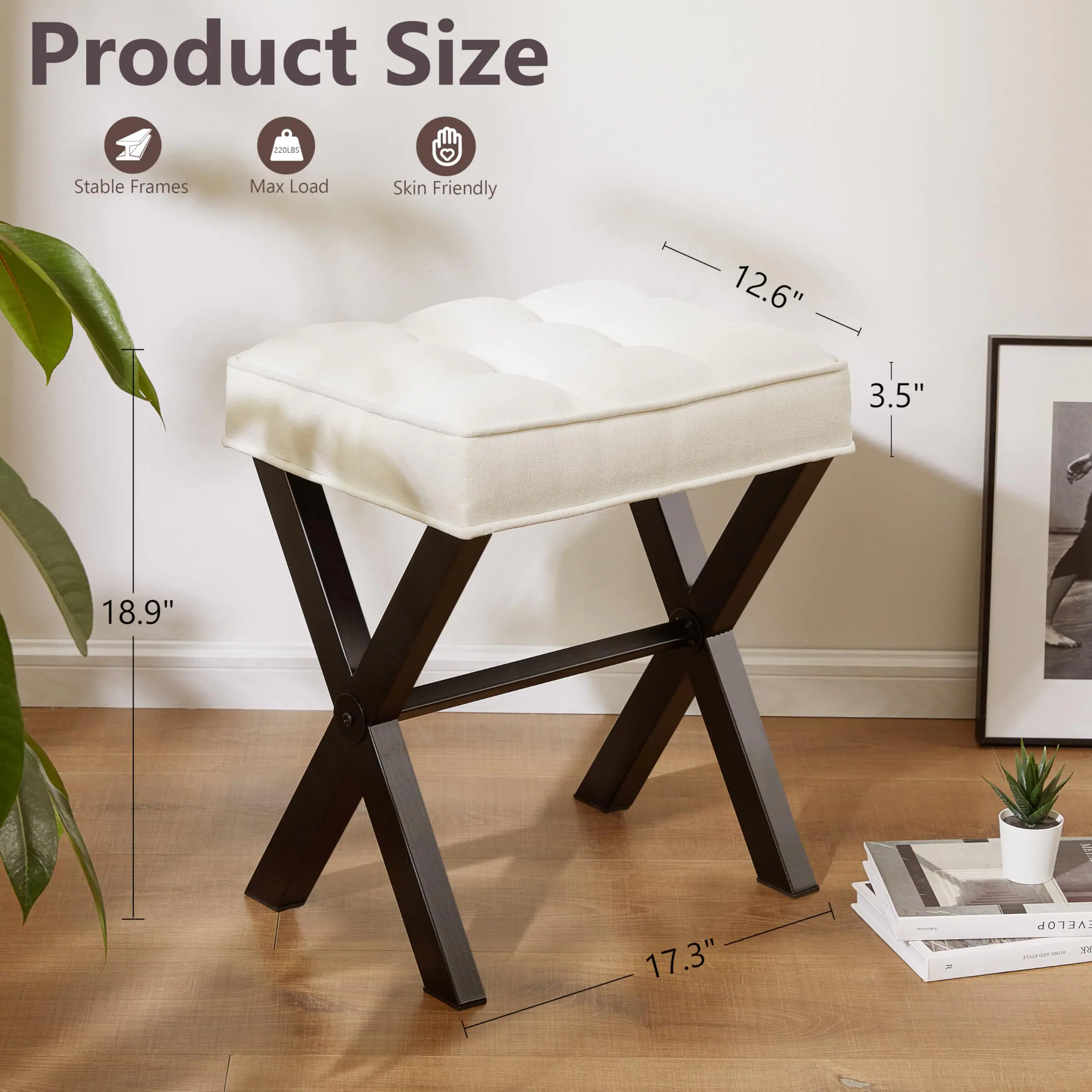 Product Size

- Stable Frames
- Max Load: 220.8 lbs
- Skin Friendly

Dimensions:
- Length: 18.9"
- Width: 12.6"
- Height: 3.5"
- Base: 17.3"