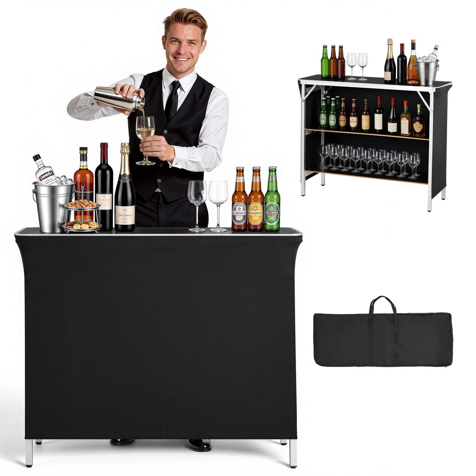 VEVOR - Folding Portable Bar Table,43.3 x 15.2 x 34.8 in, with Carry Bag,2 Storage Shelves, and Detachable Skirt, Quick and Easy - Black price history on PriceWatchPro