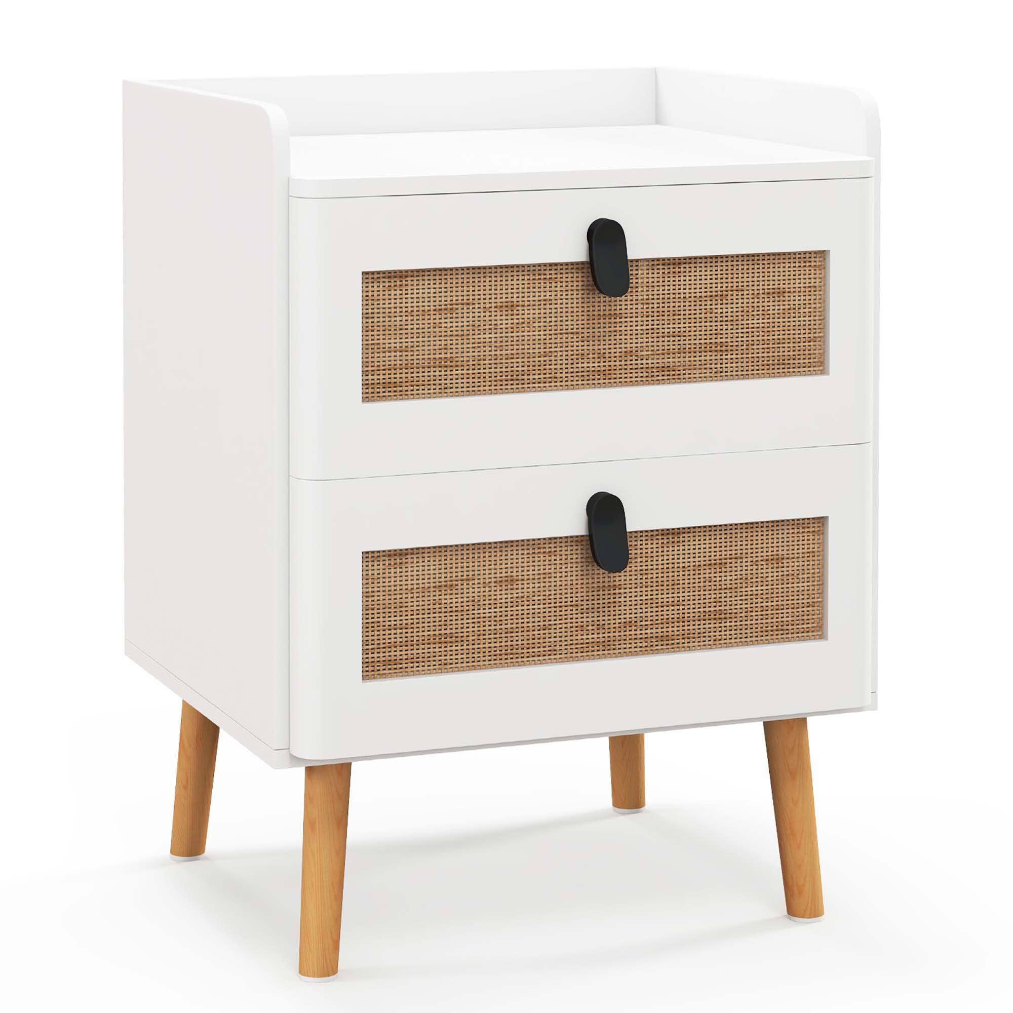 Alt View 19. Costway - 1 PC Modern Nightstand End Bedside Table with 2 Rattan Drawers & Solid Wood Legs - White/Natural.