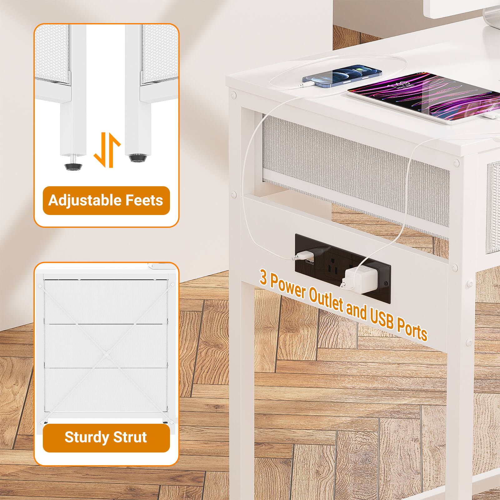 1L Adjustable Feet  
3 Power Outlet and USB Ports  
Sturdy Strut