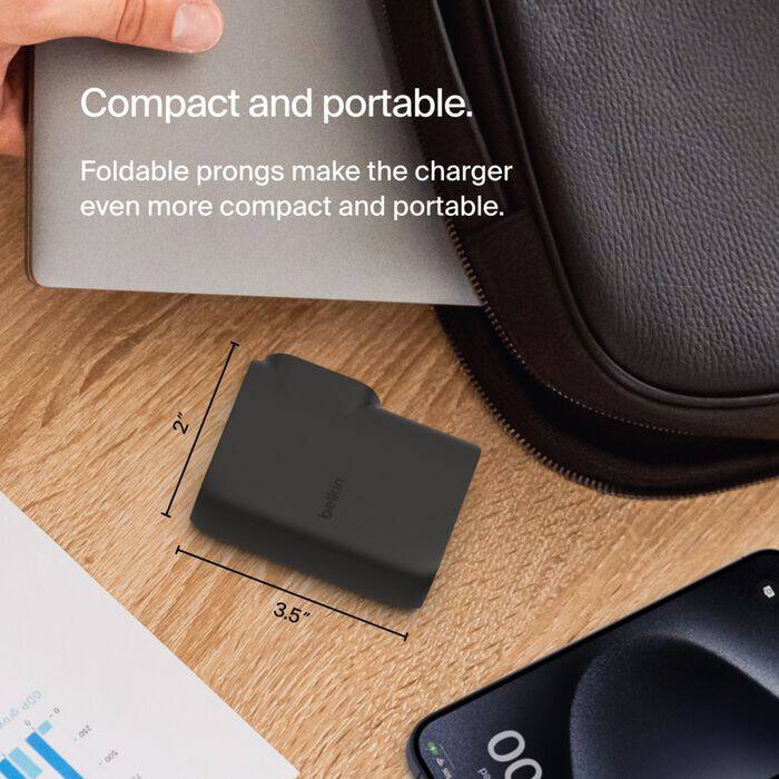 Compact and portable.  
Foldable prongs make the charger even more compact and portable.  

2" x 3.5"