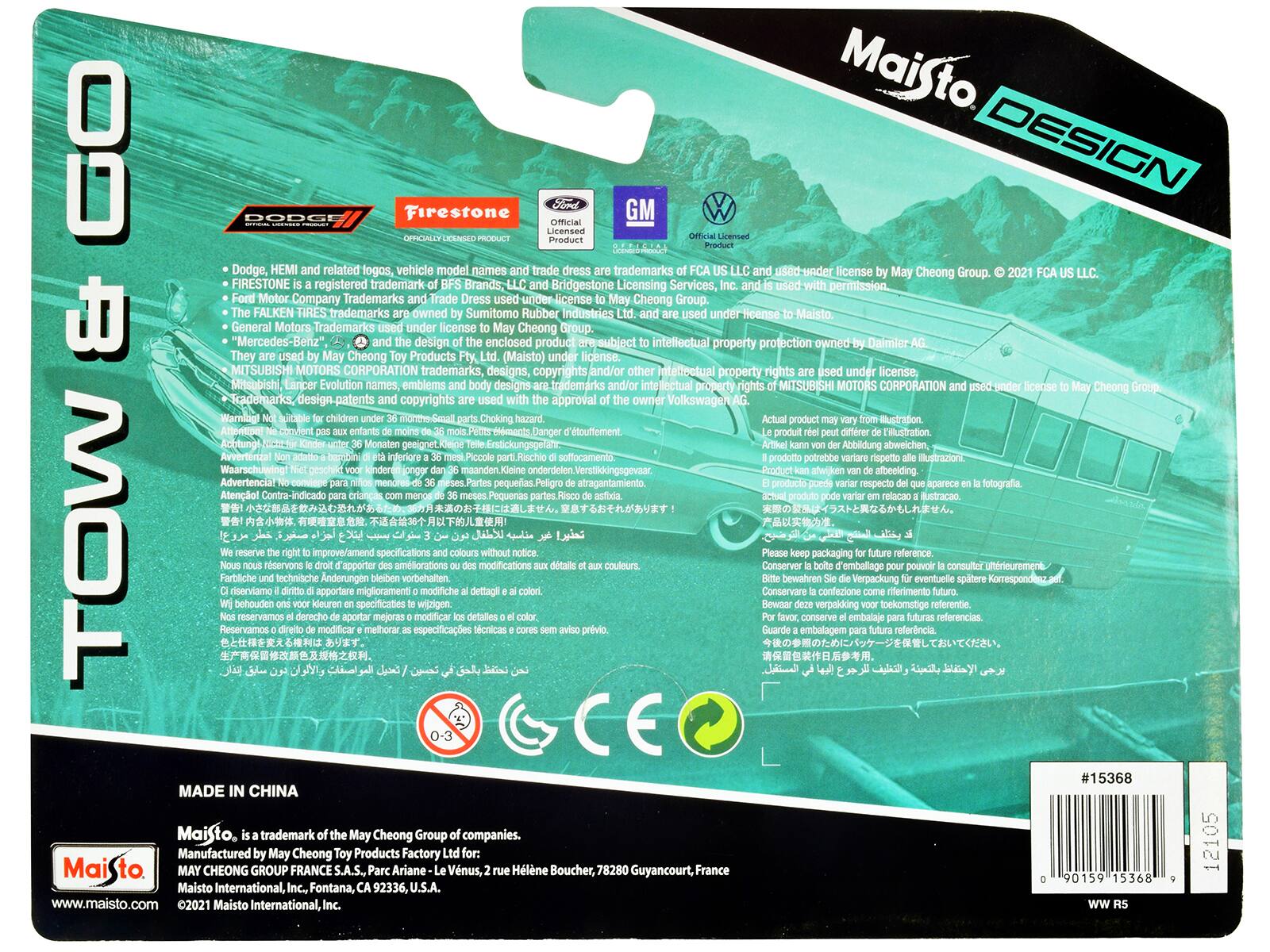 Maisto DESIGN DODGE Firestone GM Dodge, related logos, vehicle model names trademarks used under license Cheong Group. FIRESTONE registered trademark Brands, Bridgestone Licensing Services, permission Company Trademarks license Cheong Group. FALKEN trademarks owned Sumitomo Rubber Industries license Maisto. General Motors Trademarks license Cheong Group. "Mercedes-Benz" design enclosed product subject intellectual property protection owned Daimler Cheong Products (Maisto) under license. MITSUBISHI MOTORS CORPORATION trademarks, designs, copyrights and/or intellectual property rights under license, Mitsubishi Lancer Evolution names, emblems designs trademarks intellectual property rights MITSUBISHI MOTORS CORPORATION under license Cheong Group. Sademarks, patents copyrights approval owner Volkswagen Warnlagt ustradion Atteetipe 'touffement illustration Achtung geeignet. Jmne Abbildung abweichen Avvertenza soffocamento prodotto potrebbe illustraz