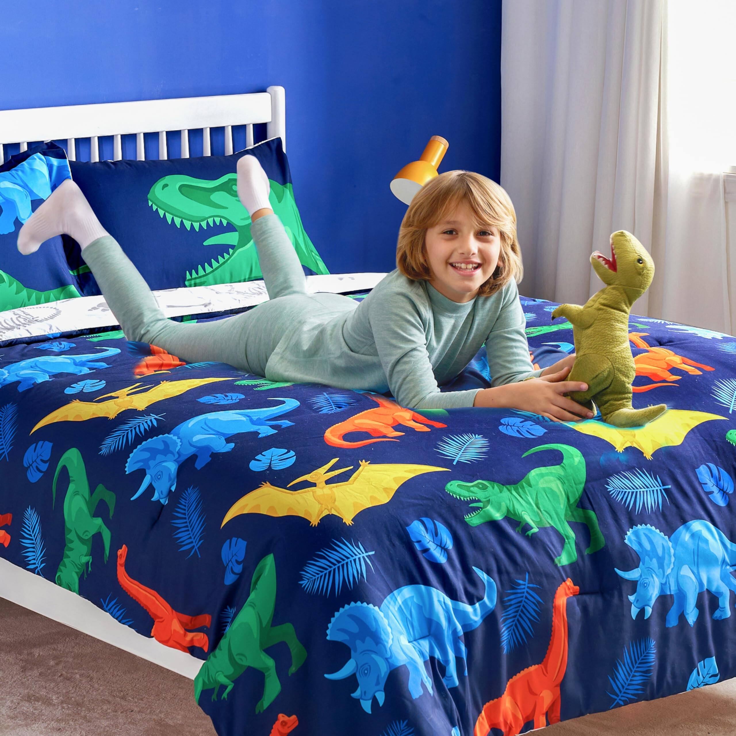 Alt View 4. TECH SAFARI - Comforter Set 5 Piece Dinosaur Bedding For Super Soft Microfiber Bed In A Bag With Sheets Pillowcase Sham - Dark Blue Construction Vehicle Twin.
