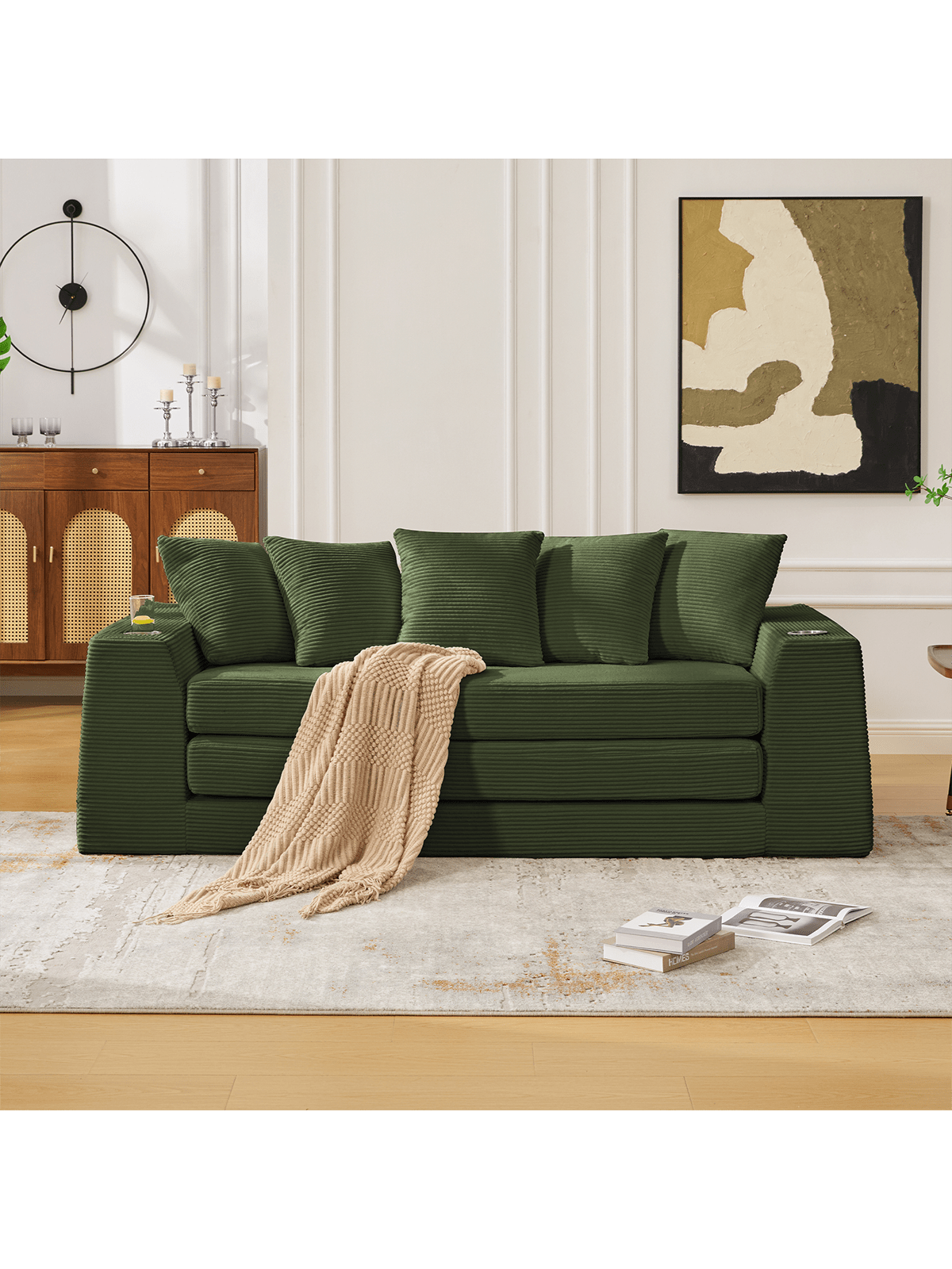 Angle. Trinkets Crazed - 82.25" Convertible Sofa Bed, Loveseat Sleeper Sofa, 2 In 1 Sofa, Corduroy Pull Out Sofa Bed, 5 Pillows, Side Pocket - Green.