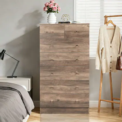 Front. Kadyn - 7-Drawer Tall Cabinet, 5+2 Storage Dresser with Matte Gold Handles - Gray - Gray.