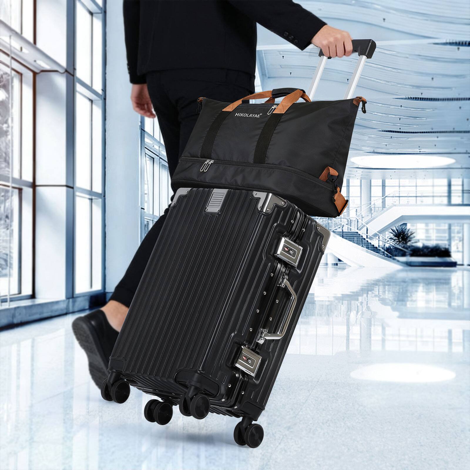Alt View 4. Oumilen - 2 Piece Black Travel Set – 20" ABS Aluminum Carry On with TSA Lock + Expandable Tote, Silent Wheels - Black.