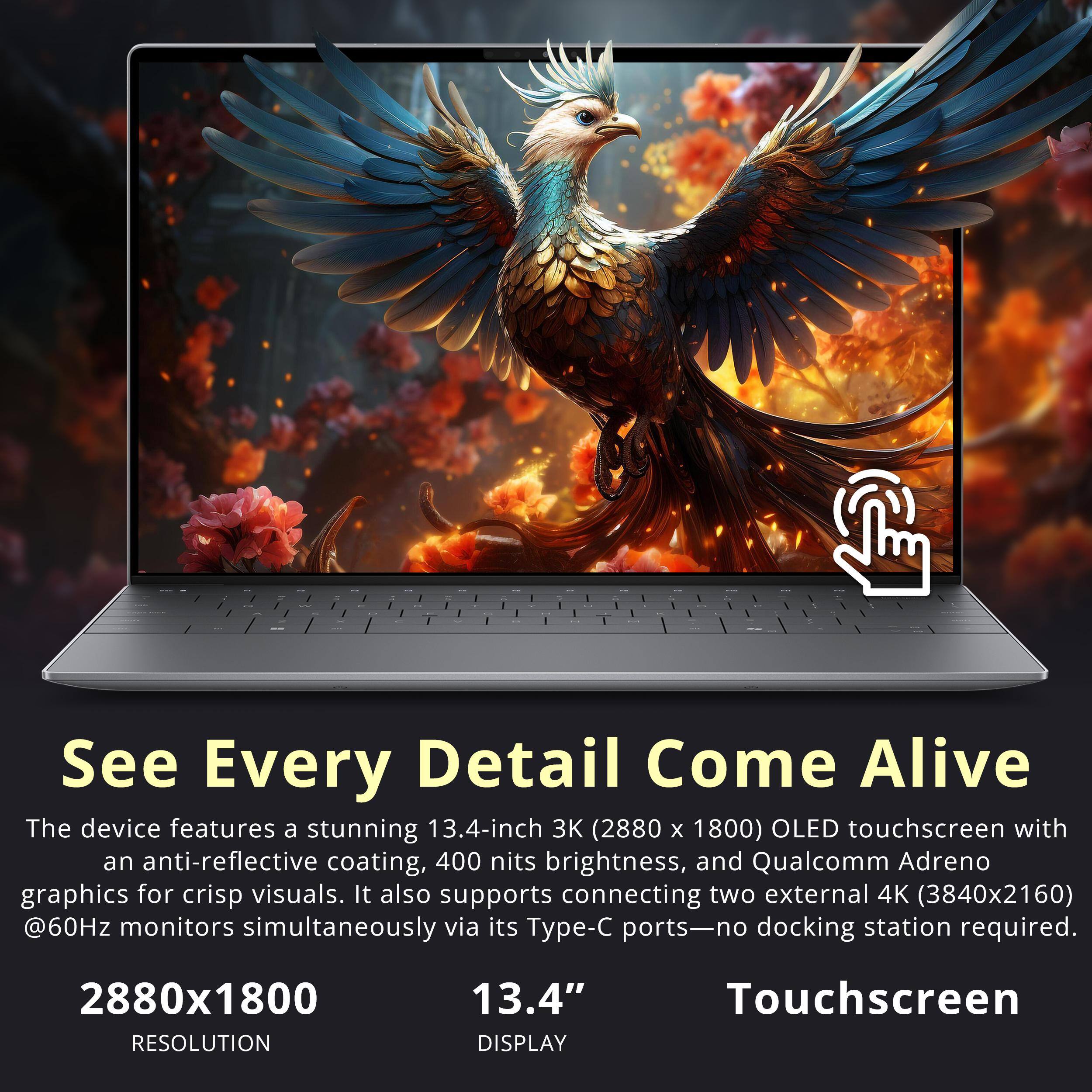 See Every Detail Come Alive

The device features a stunning 13.4-inch 3K (2880 x 1800) OLED touchscreen with an anti-reflective coating, 400 nits brightness, and Qualcomm Adreno graphics for crisp visuals. It also supports connecting two external 4K (3840x2160) @60Hz monitors simultaneously via its Type-C ports—no docking station required.

2880x1800 RESOLUTION  
13.4" DISPLAY  
Touchscreen