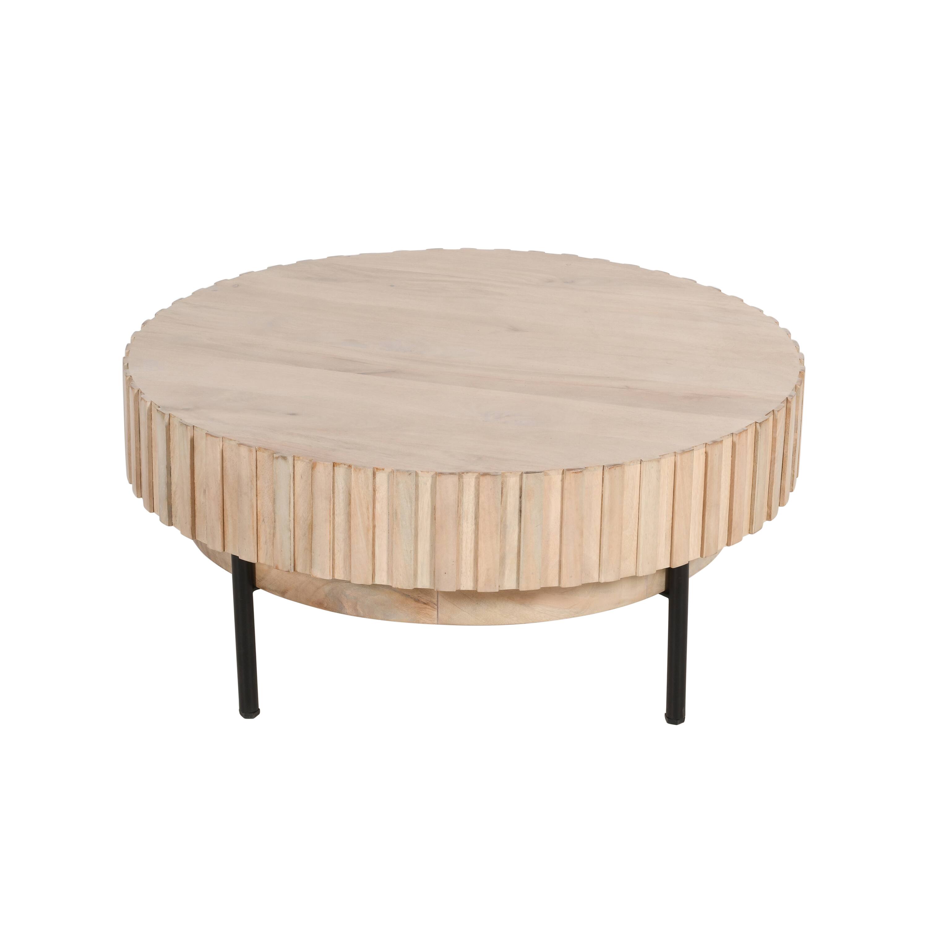 Alt View 2. Manhattan Lane - 36 Inch Modern Handcrafted Round Coffee Table, Oak White Wood Top with Grooved Edges, Black Iron Legs - Oak White, Black.