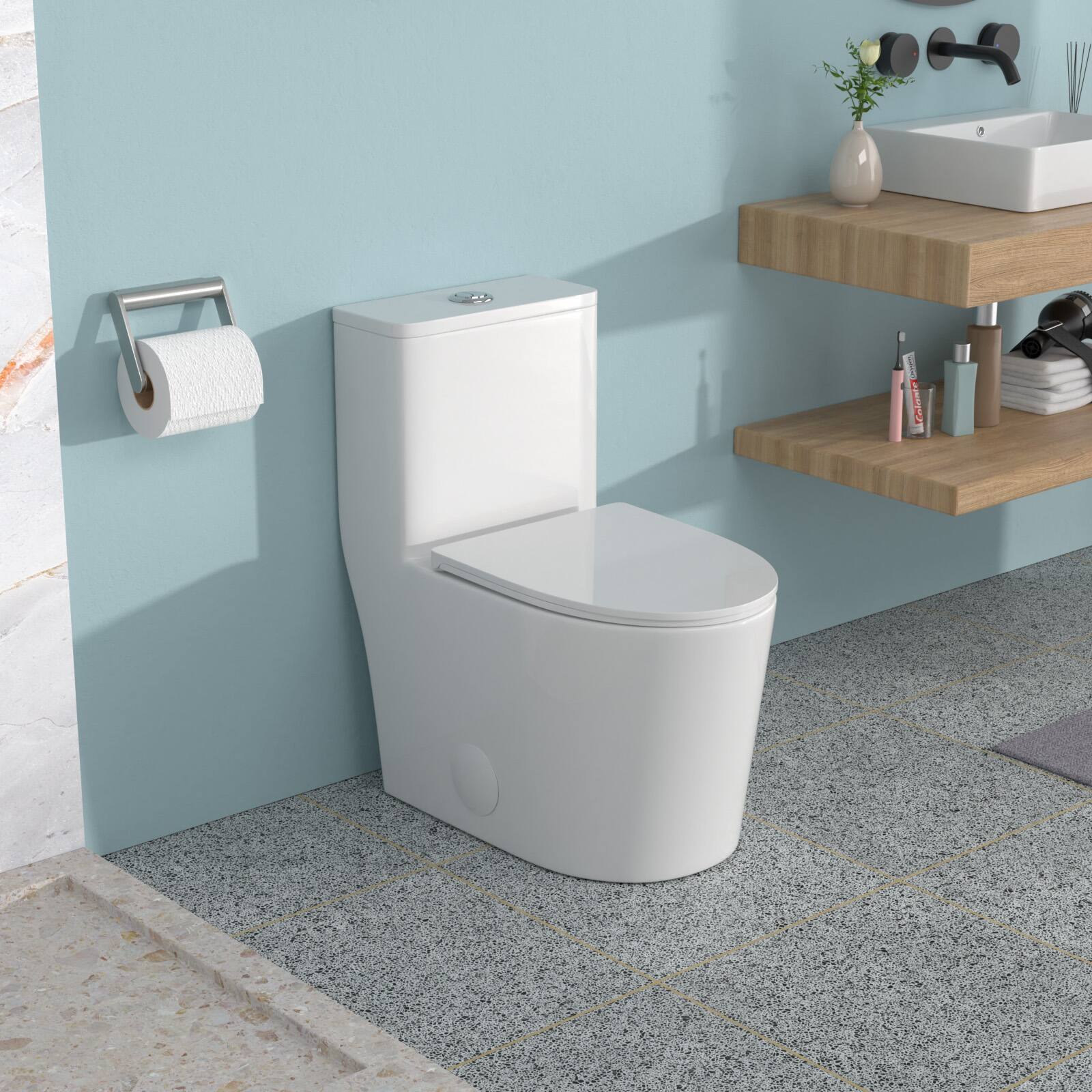 Front. TinyHomie - Ceramic One Piece Toilet for Bathroom 12 inch Rough In 1116 GPF Dual Flush with Soft Closing Seat Powerful Dual Flush - White.