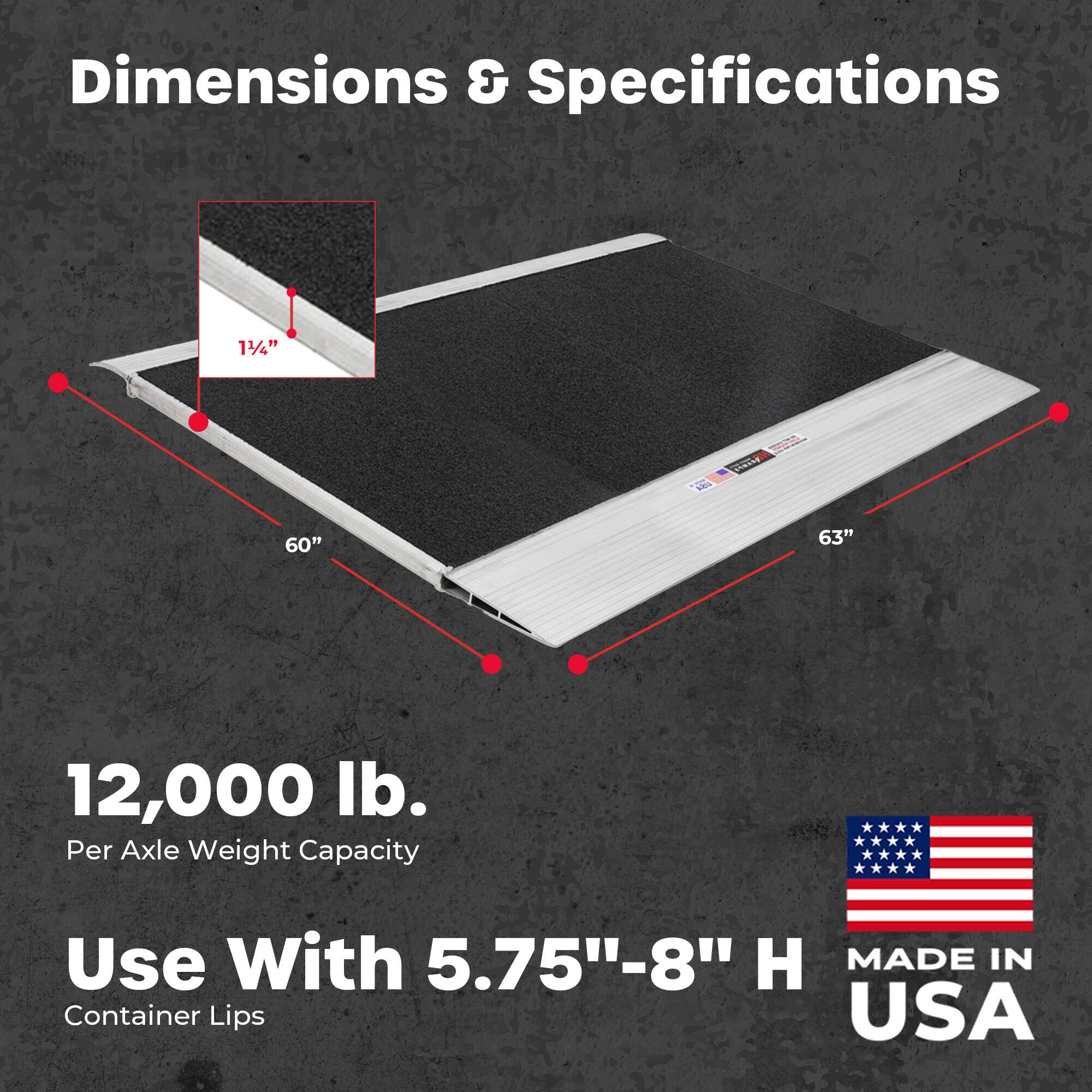 Dimensions & Specifications

1/4" si Nhat Cattes

60" 63"

12,000 lb. Per Axle Weight Capacity

Use With 5.75"-8" H

MADE IN USA