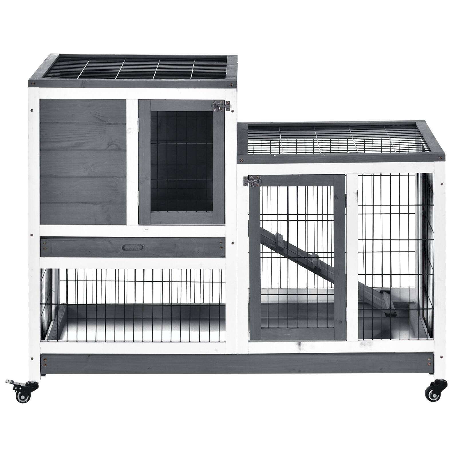 Alt View 4. Pawhut - Wooden Rabbit Hutch, Indoor, Enclosed Run with Wheels, Ramp, Removable Tray Ideal for Guinea Pigs.