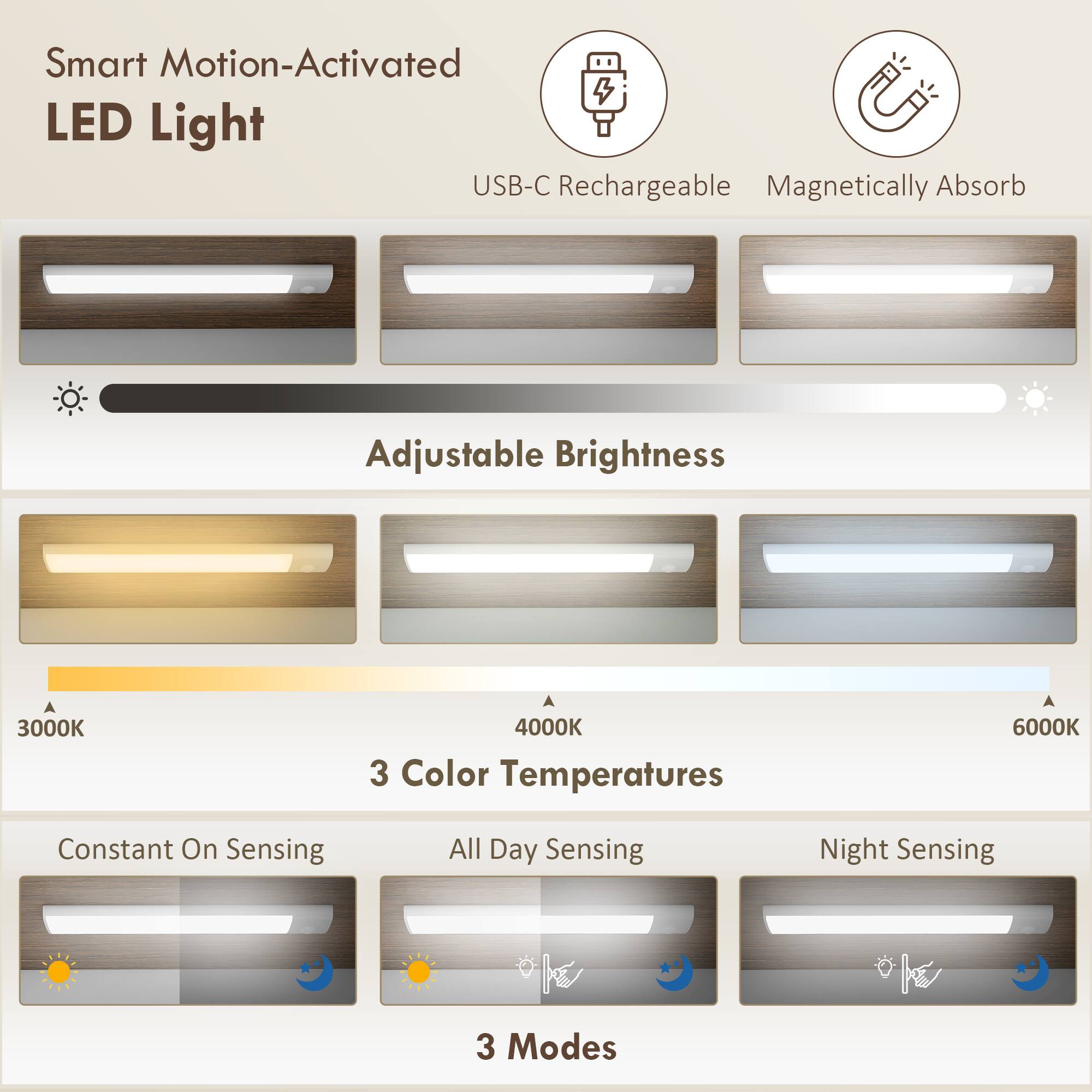 Smart Motion-Activated LED Light
USB-C Rechargeable
Magnetically Absorb
Adjustable Brightness
3000K 4000K 6000K
3 Color Temperatures
Constant On Sensing
All Day Sensing
Night Sensing
3 Modes
