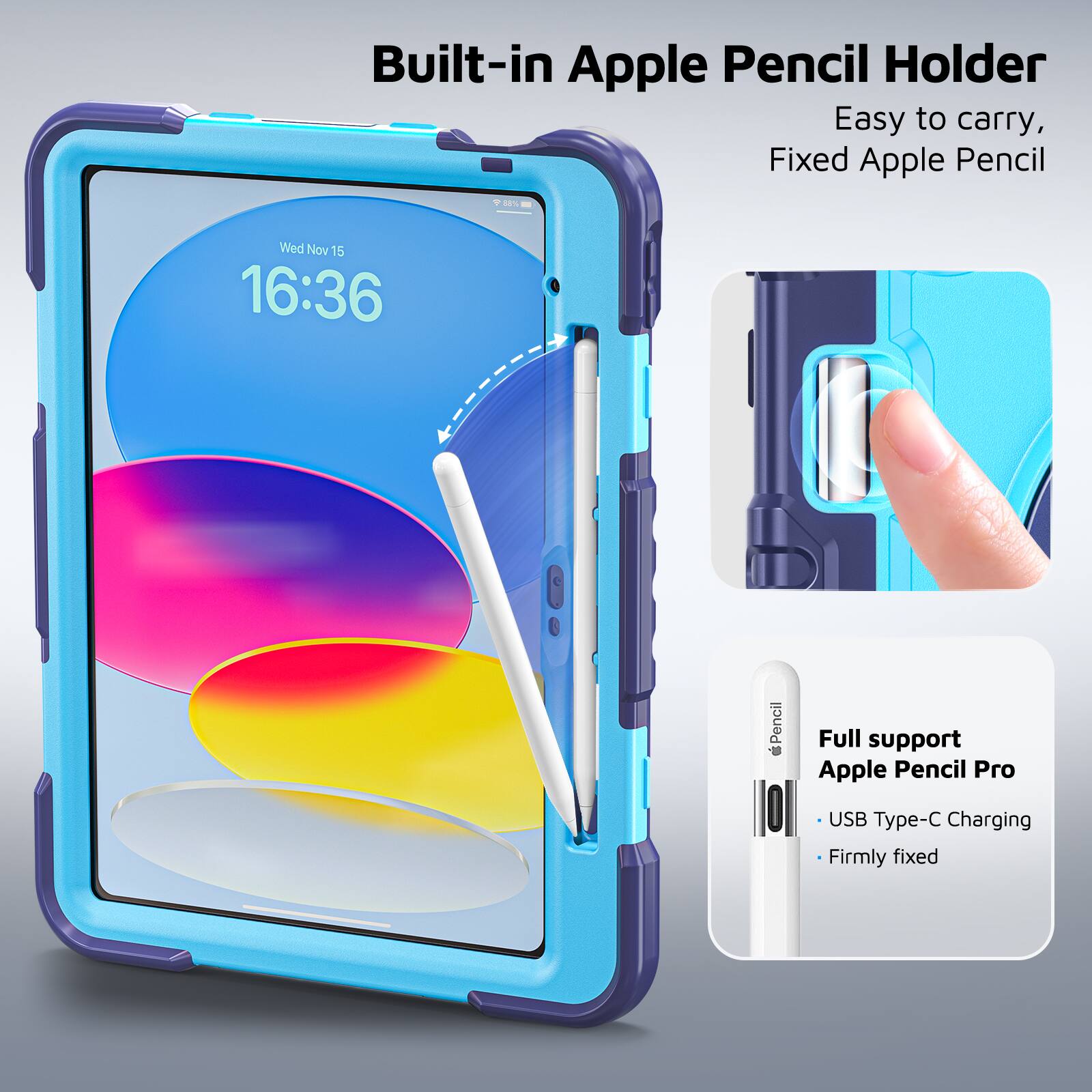 Built-in Apple Pencil Holder

Easy to carry, Fixed Apple Pencil

Full support Apple Pencil Pro
- USB Type-C Charging
- Firmly fixed