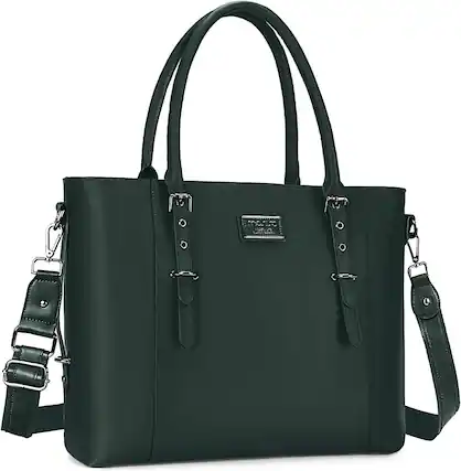 Front. mosiso - Waterproof PU Leather Laptop Bag for Women 17.3 Inch, Vintage Briefcase Shoulder Tote Computer Bag for Work & Office - Midnight Green.
