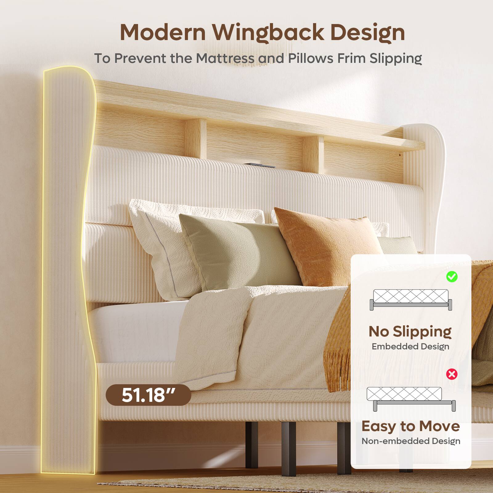 Modern Wingback Design  
To Prevent the Mattress and Pillows from Slipping  

51.18"  

No Slipping  
Embedded Design  

Easy to Move  
Non-embedded Design