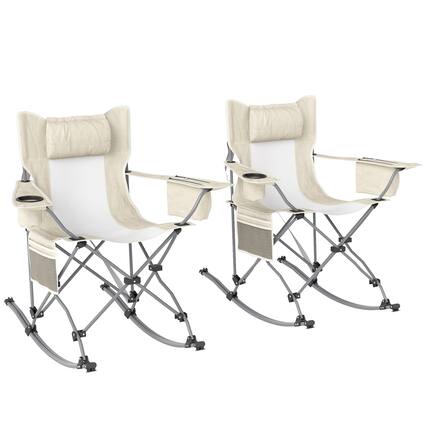 Front. Outsunny - Folding Rocking Camping Chairs for Adults, Portable Outdoor Rocking Chairs with Headrest, Cooler Bag, Cup Holder - Cream White.