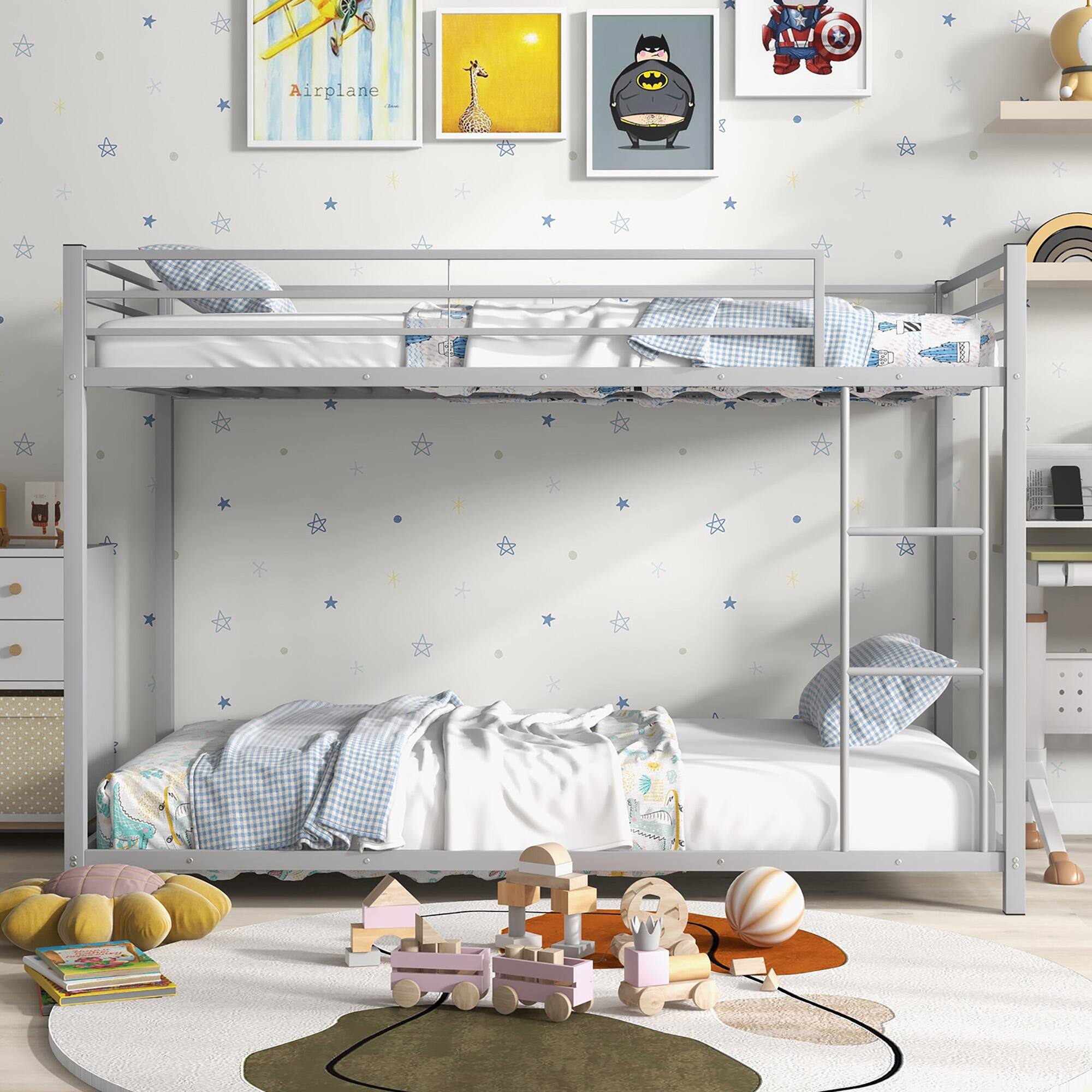 Alt View 9. Gymax - Gymax Twin Over Twin Low Metal Bunk Bed with Ladder Guardrails for Teens Adults Silver - Silver.