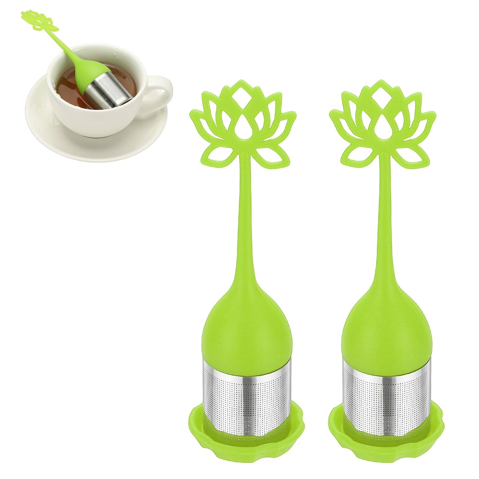 Front. Unique Bargains - 2pcs Lotus Tea Infuser, Stainless Steel Loose-Leaf Steeper w/ Silicone Handle, Reusable Thin Mesh for Teacups & Teapots - Green.