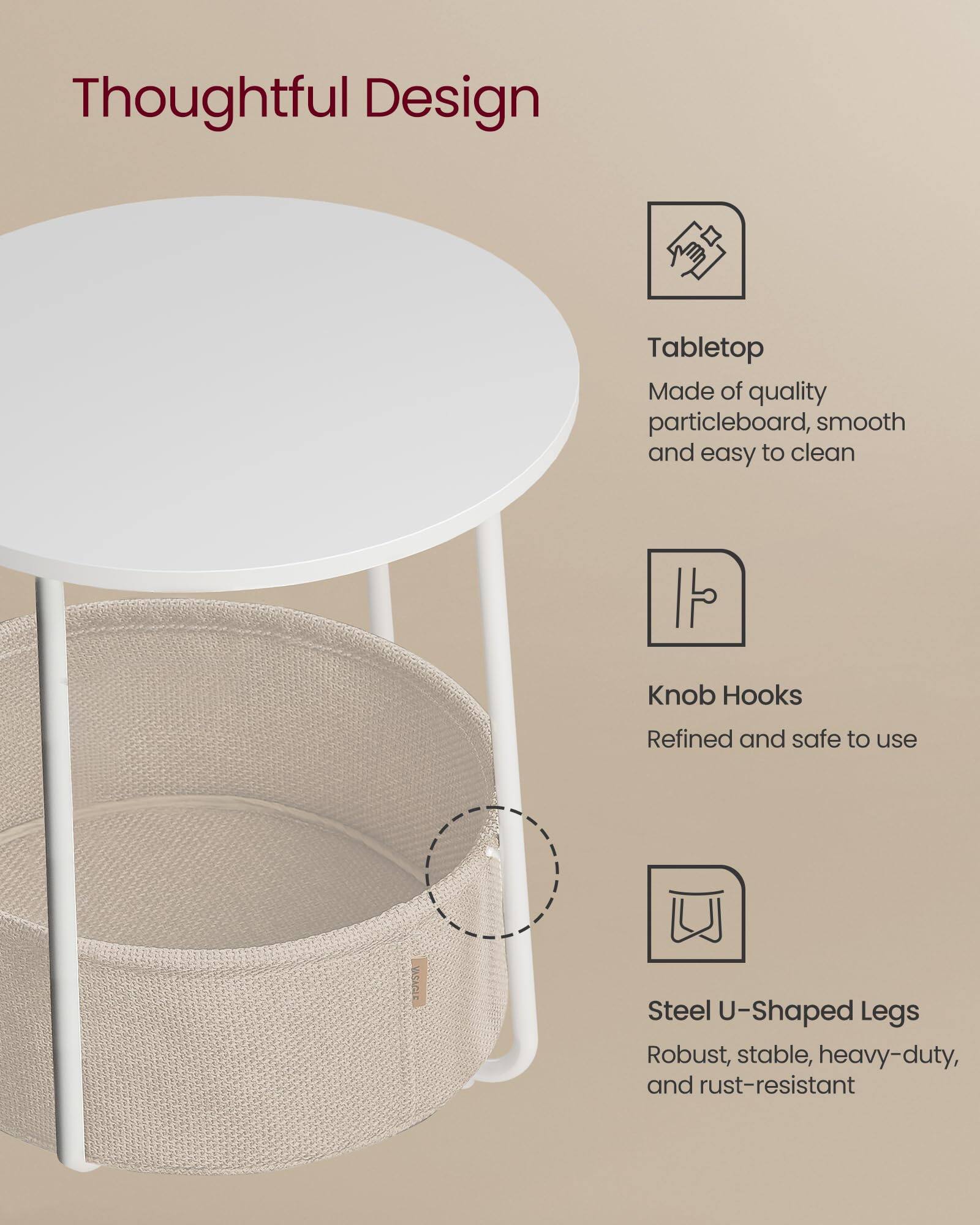 Thoughtful Design

Tabletop  
Made of quality particleboard, smooth and easy to clean

Knob Hooks  
Refined and safe to use

Steel U-Shaped Legs  
Robust, stable, heavy-duty, and rust-resistant