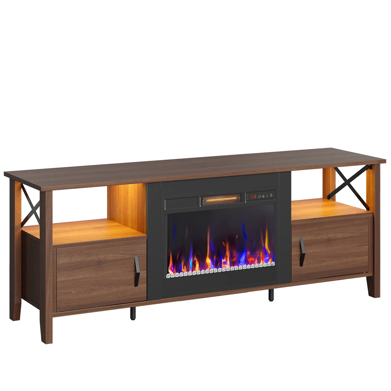 Angle. Bestier - 63-inch Fireplace TV Stand with RGB Lights & Adjustable Storage Shelves - Walnut.