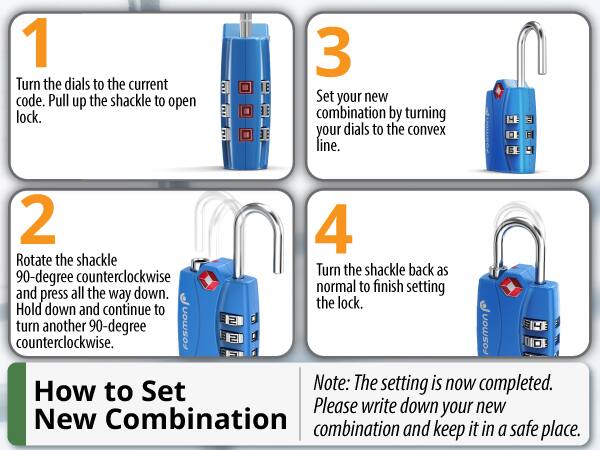 1. Turn the dials to the current code. Pull up the shackle to open lock.
2. Rotate the shackle 90-degree counterclockwise and press all the way down. Hold down and continue to turn another 90-degree counterclockwise.
3. Set your new combination by turning your dials to the convex line.
4. Turn the shackle back as normal to finish setting the lock.

Note: The setting is now completed. Please write down your new combination and keep it in a safe place.