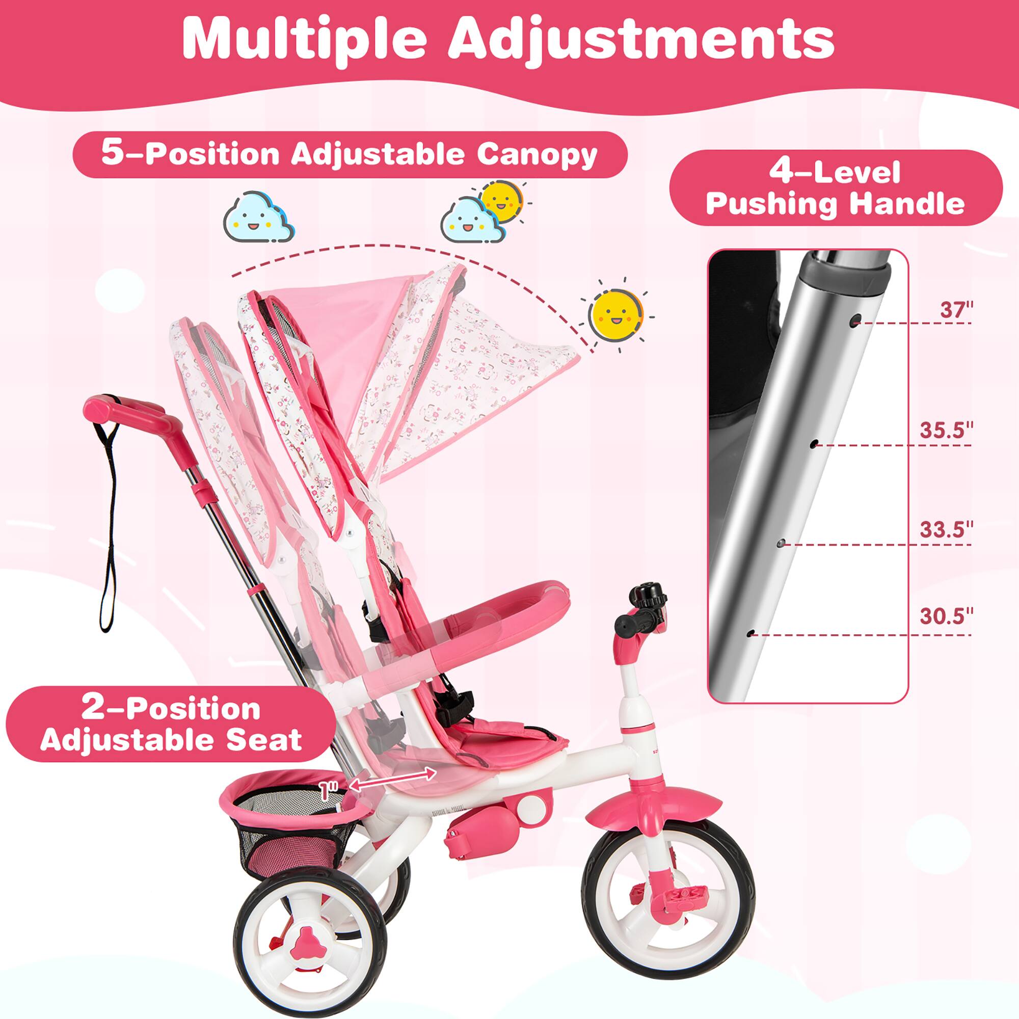Multiple Adjustments

5-Position Adjustable Canopy

4-Level Pushing Handle
37"
35.5"
33.5"
30.5"

2-Position Adjustable Seat