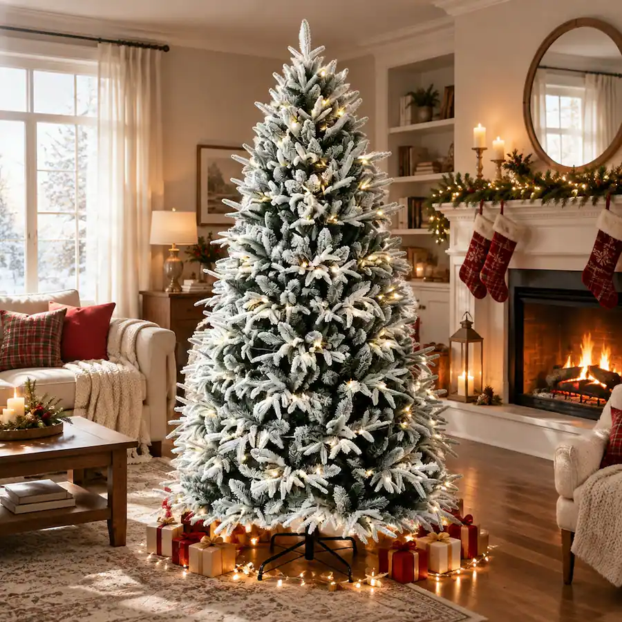 Tree Vs Tree Comp RYHNUYNE Pre Lit Flocked Snowy Artificial Christmas Tree With Frosted ...