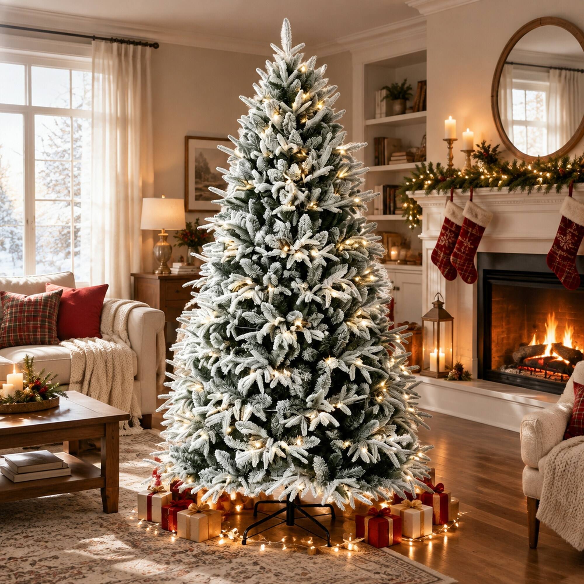 RYHNUYNE Pre Lit Flocked Snowy Artificial Christmas Tree With Frosted ...