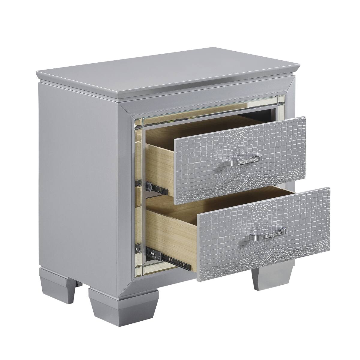 Left. Loheer - Loheer Silver LED Nightstand with Two Drawers and Mirrored Trim, 28 Inch Glam Bedroom Table - Silver.