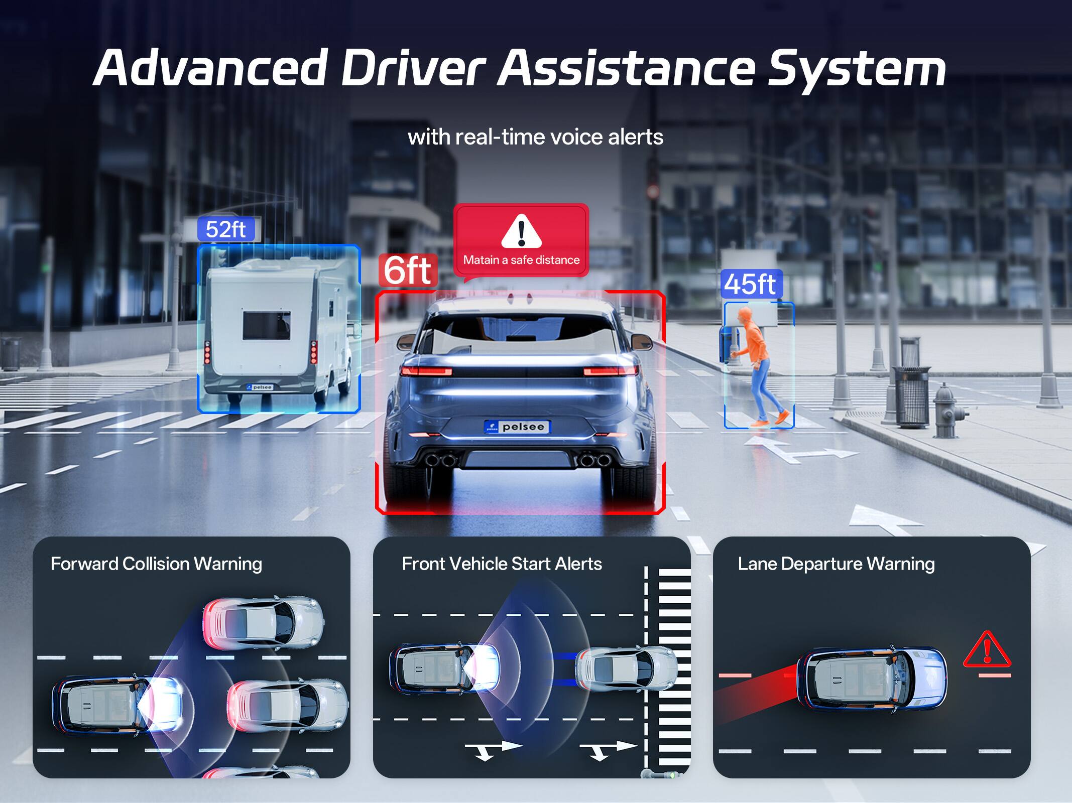 Advanced Driver Assistance System with real-time voice alerts

- Maintain a safe distance
- Forward Collision Warning
- Front Vehicle Start Alerts
- Lane Departure Warning