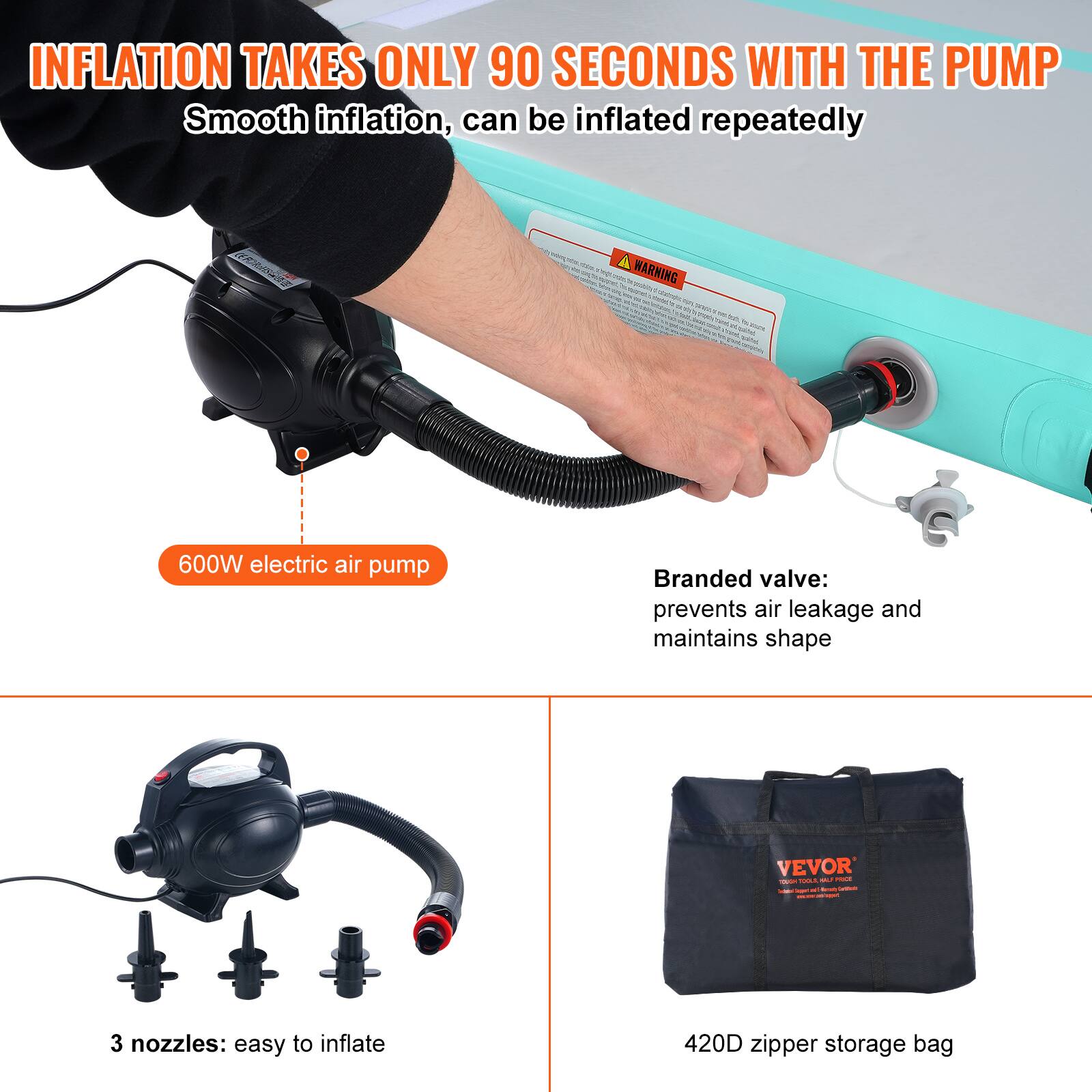 INFLATION TAKES ONLY 90 SECONDS WITH THE PUMP
Smooth inflation, can be inflated repeatedly
600W electric air pump
Branded valve: prevents air leakage and maintains shape
3 nozzles: easy to inflate
420D zipper storage bag