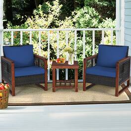 Mondawe - 3-Piece Patio Wicker Furniture Set w/ Acacia Wood Table, Outdoor Rattan Chairs with Washable Cushions - Blue