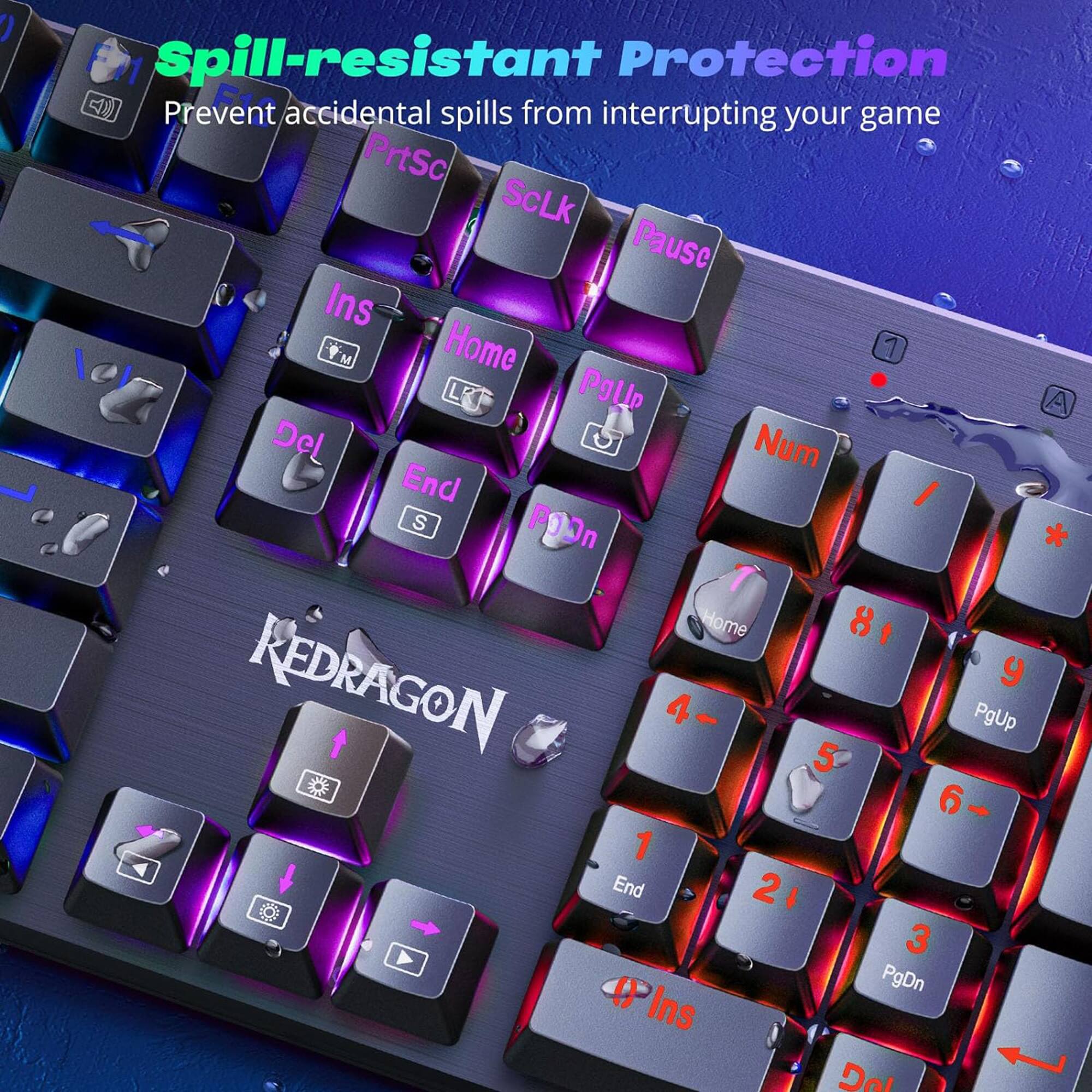 The text on the image reads: "Spill-resistant protection. Prevent accidental spills from interrupting your game. PrtSC, ScLK, Pause, Ins, M, Home, 1, L' PgUp, Del, Num, End, S, PgDn, Ins, Doi, REDRAGON, 9, 4, PgUp, 5, 6, 1, End, 2, 3."