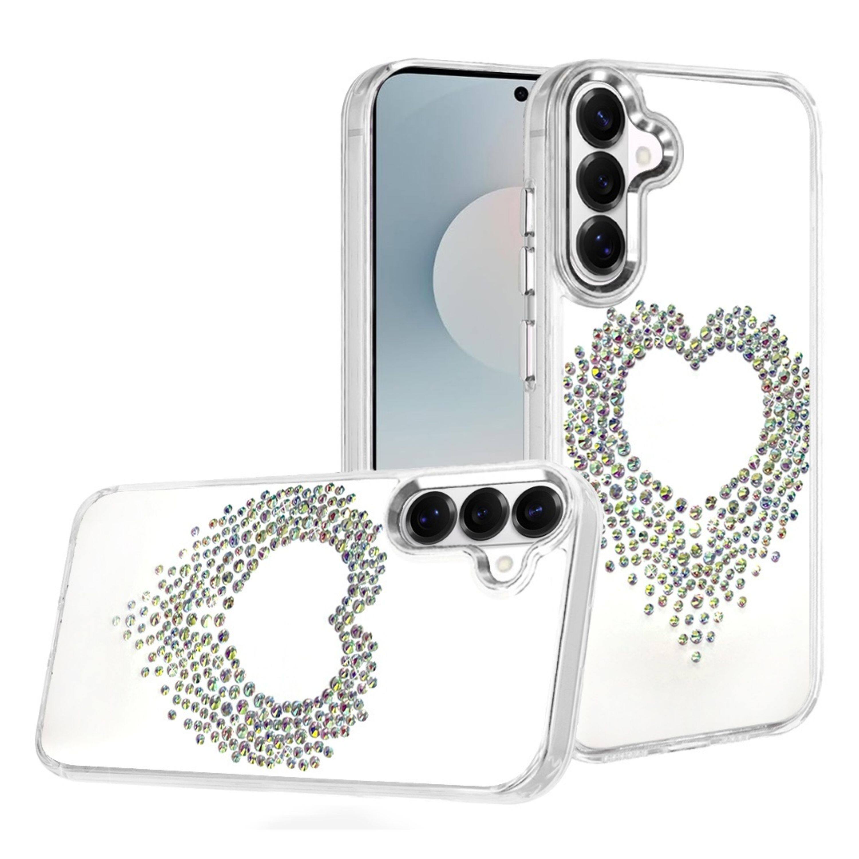Angle. Kitcheniva - Heart Shaped Rhinestones Clear Phone Case With Tempered Glass For Samsung Galaxy S26 Silver - Silver.
