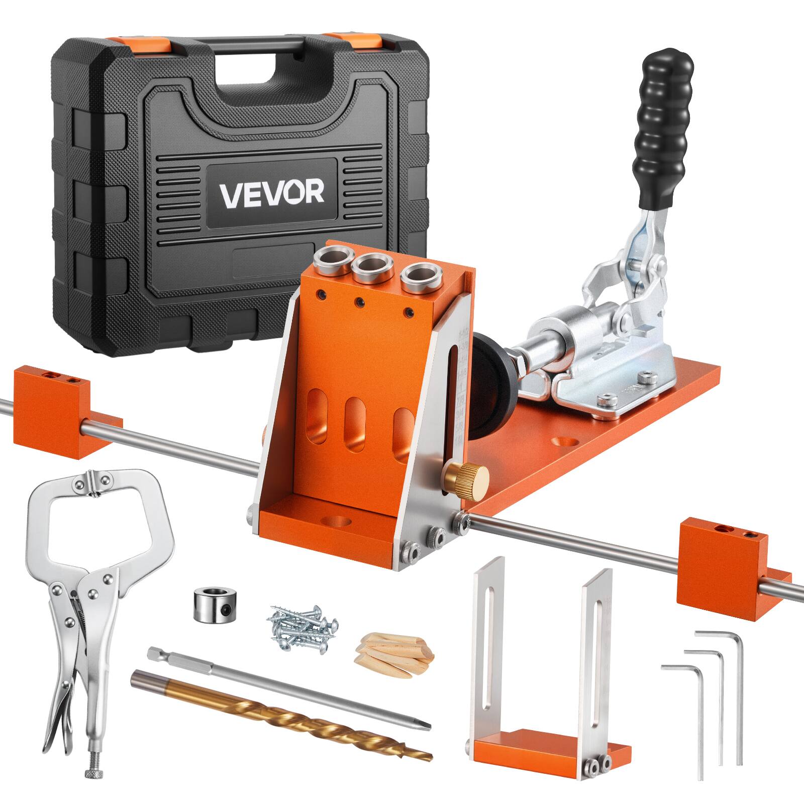 Front. VEVOR - Pocket Hole Jig Kit, 1/2 to 1-1/2 in Adjustable, Jig Pocket Hole System with Toolcase, C-Clamp, Step Drill, Hex Wrench - Orange.