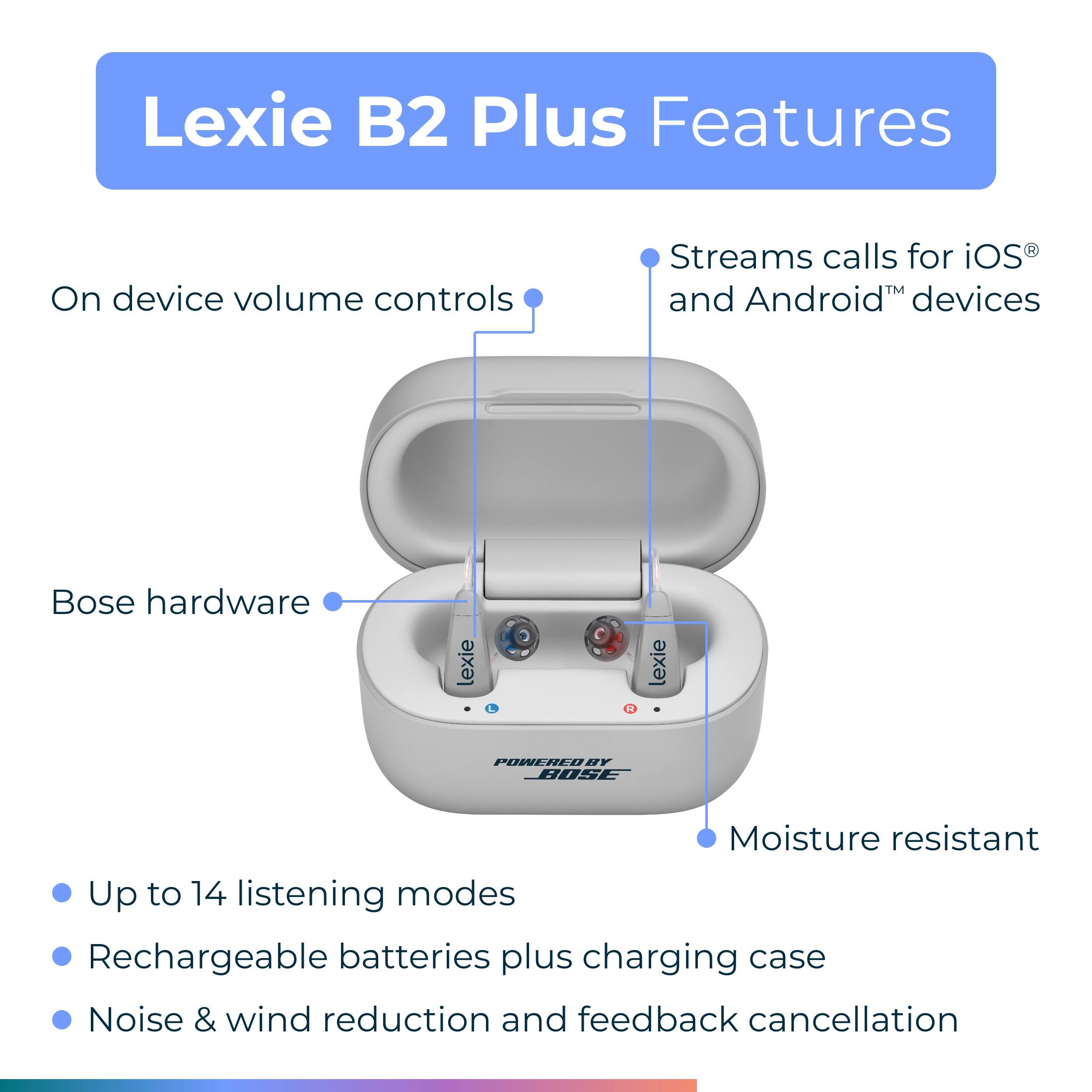 Lexie B2 Plus Features:

* On device volume controls
* Streams calls for iOS and Android devices
* Bose hardware
* Moisture resistant
* Up to 14 listening modes
* Rechargeable batteries plus charging case
* Noise & wind reduction and feedback cancellation