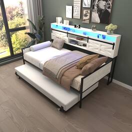 LUCKY ONE - Farmhouse Twin Daybed with Trundle,Charging Station & LED Light - White
