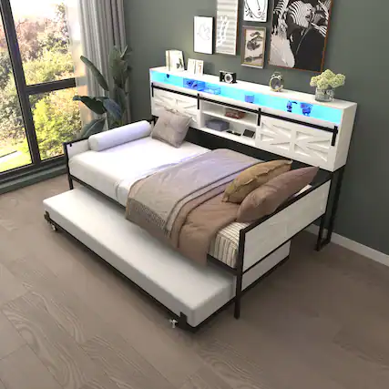 Front. LUCKY ONE - Farmhouse Twin Daybed with Trundle,Charging Station & LED Light - White.