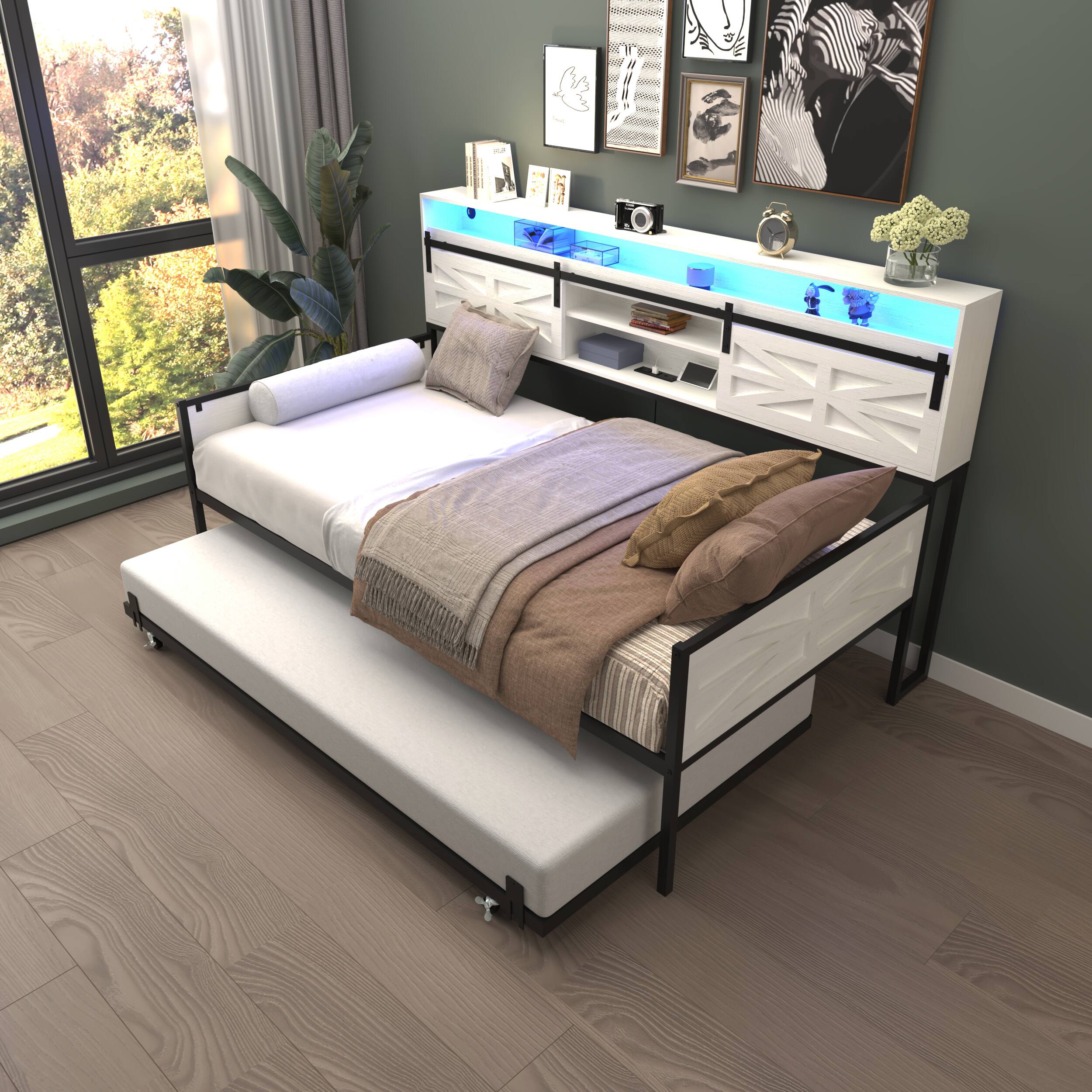 Front. LUCKY ONE - Farmhouse Twin Daybed with Trundle,Charging Station & LED Light - White.