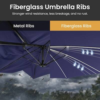 Fiberglass Umbrella Ribs
Stronger wind resistance, less breakage, and no rust.

Metal Ribs
Fiberglass Ribs