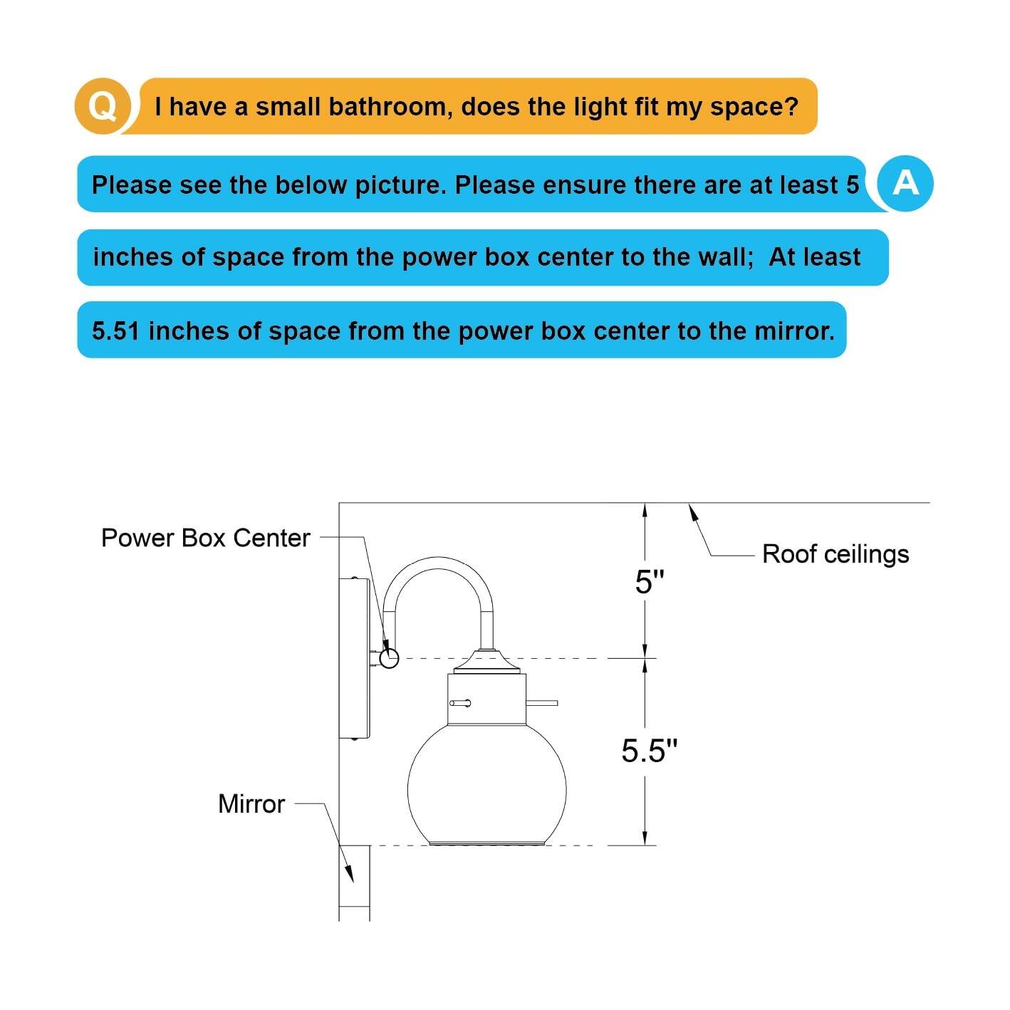 **Q:** I have a small bathroom, does the light fit my space?

**A:** Please see the below picture. Please ensure there are at least 5 inches of space from the power box center to the wall; At least 5.51 inches of space from the power box center to the mirror.

- Power Box Center
- Roof ceilings 5"
- Mirror
- 5.5"