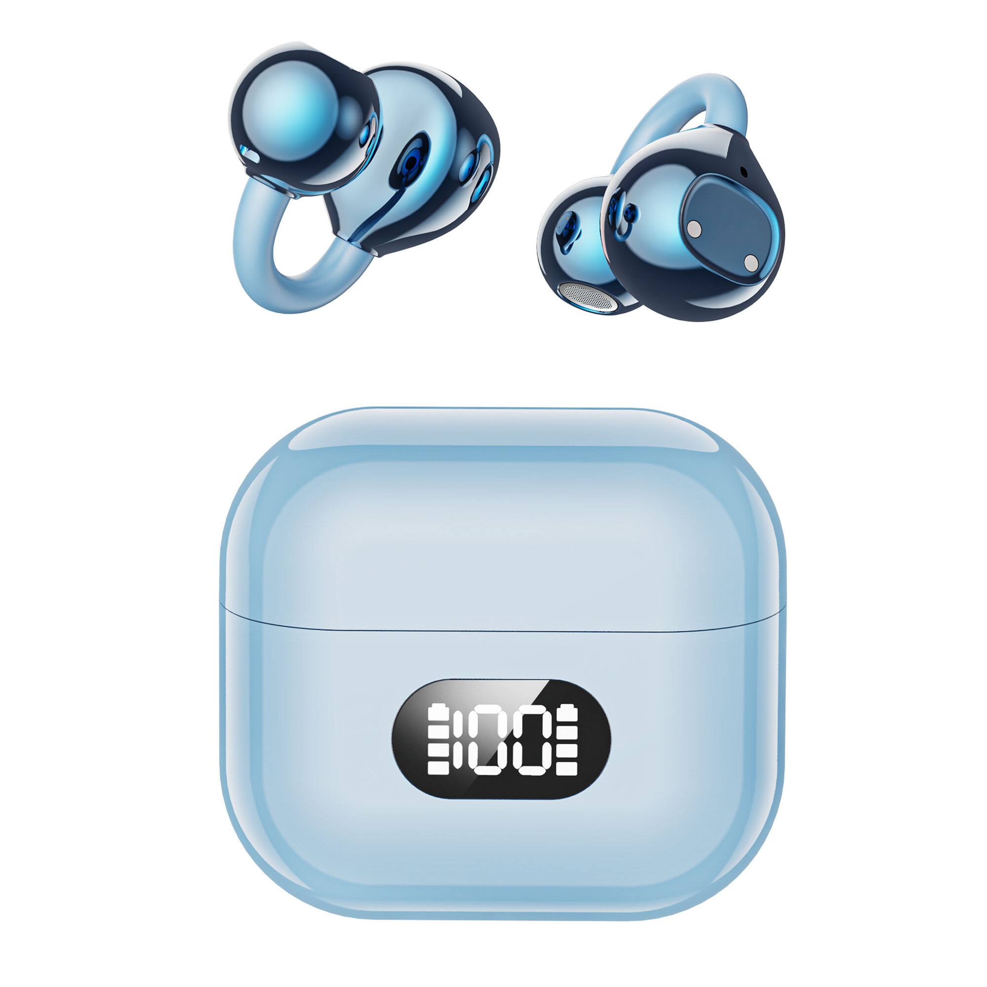 Front. YONWAY - Clip-on Wireless Bluetooth Translation Headphones, Stereo Sound Earbuds with 30H Long Battery Life, Battery Display - Blue.