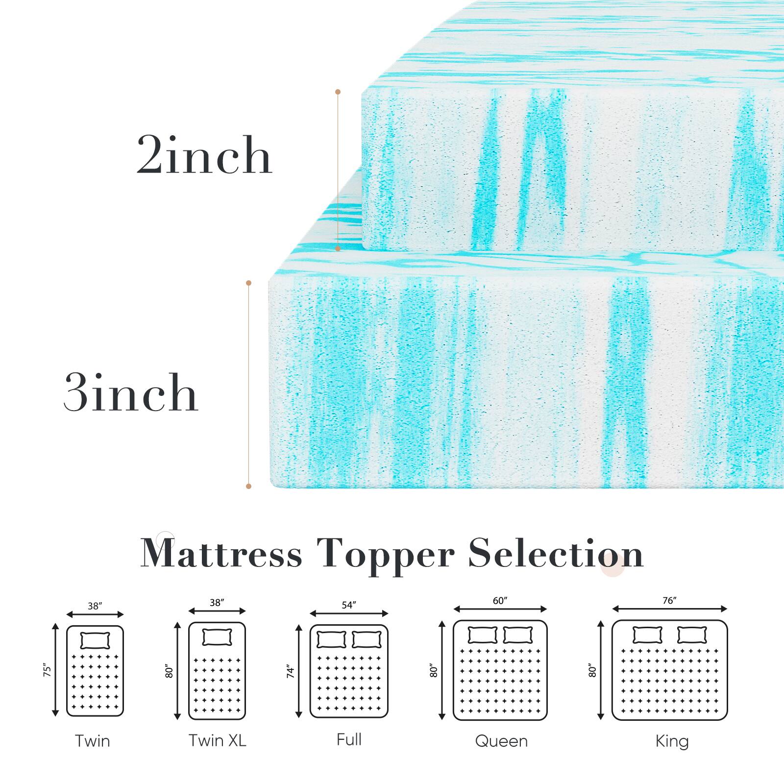 2 inch 3 inch Mattress Topper Selection

38" x 75" Twin  
38" x 80" Twin XL  
54" x 75" Full  
60" x 80" Queen  
76" x 80" King
