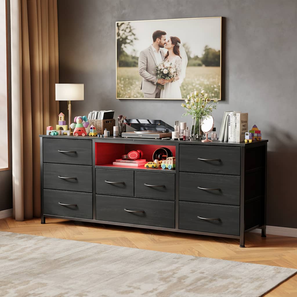Furnulem - 55 Inch Modern TV Stand with LED Lights Charging Station 9 Drawers Media Console for Living Room Bedroom - Black price history on PriceWatchPro
