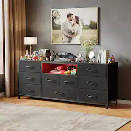 Furnulem - Modern TV Stand with LED Lights Charging Station 9 Drawers Media Console for Living Room Bedroom - Black