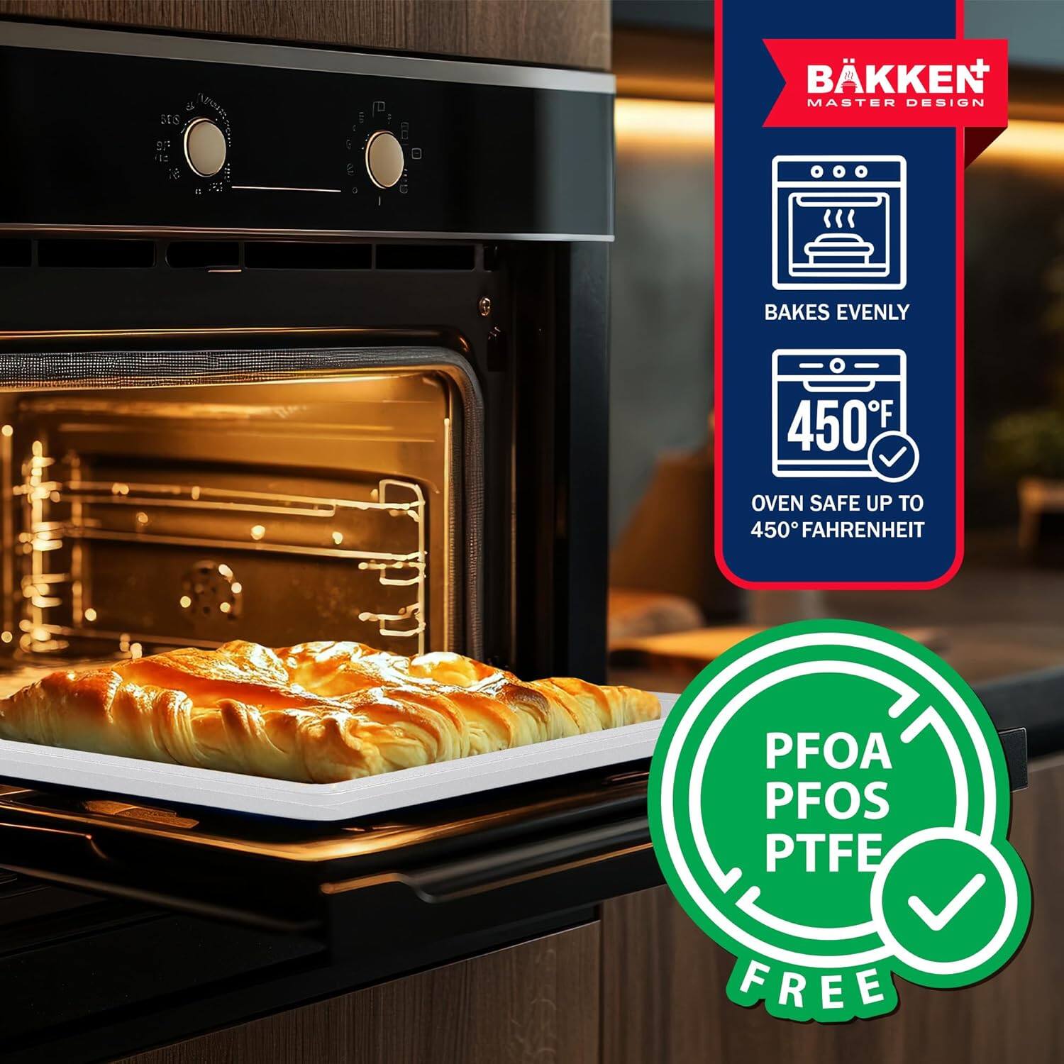 BAKKEN MASTER DESIGN BAKES EVENLY 450F OVEN SAFE UP TO 450 FAHRENHEIT PFOA PFOS PTFE FREE
