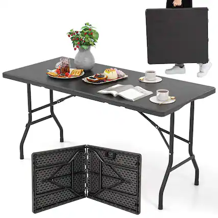 Front. Costway - Costway 5 ft Folding Table Indoor Outdoor Foldable Plastic Table 4-6 Person Picnic Table - Black.